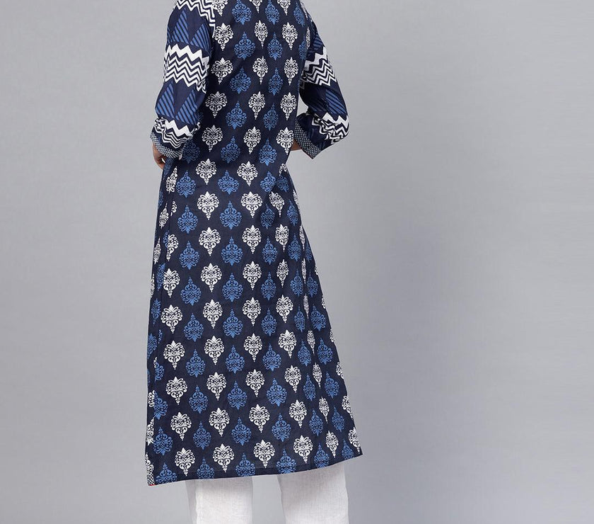 Divena Blue Cotton & Rayon A-line Kurti - divena world