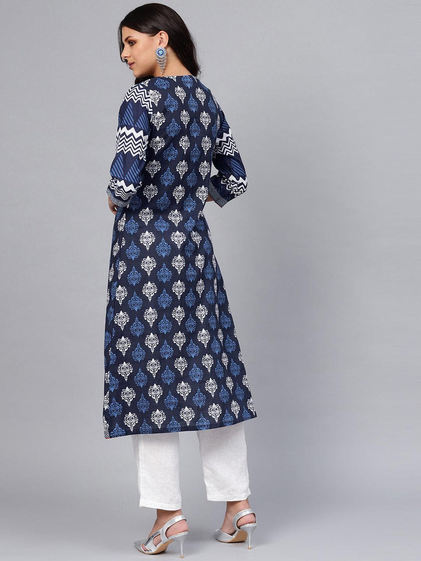 Divena Blue Cotton & Rayon A-line Kurti - divena world