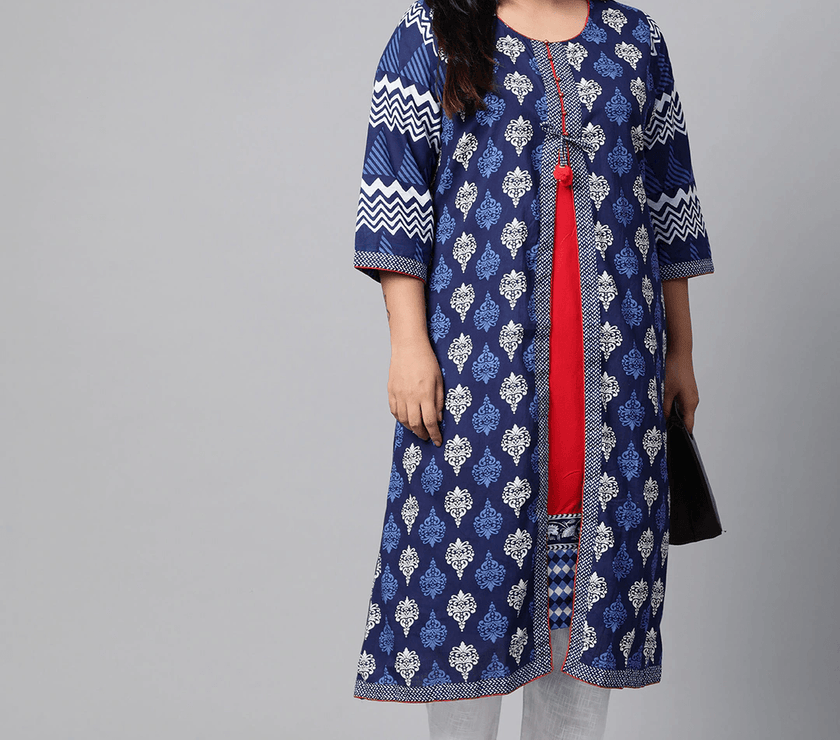 Divena Blue Cotton & Rayon A-line Kurti - divena world