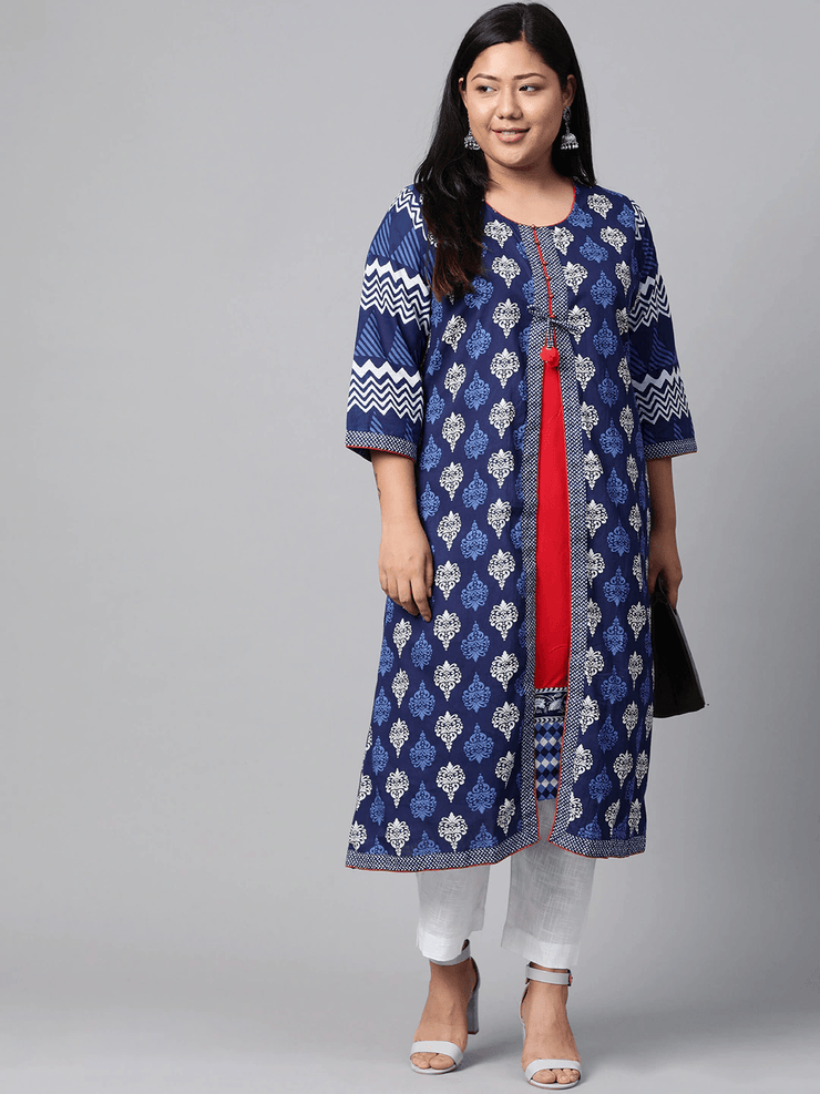 Plus Size Blue Cotton & Rayon A-line Kurti - divena world