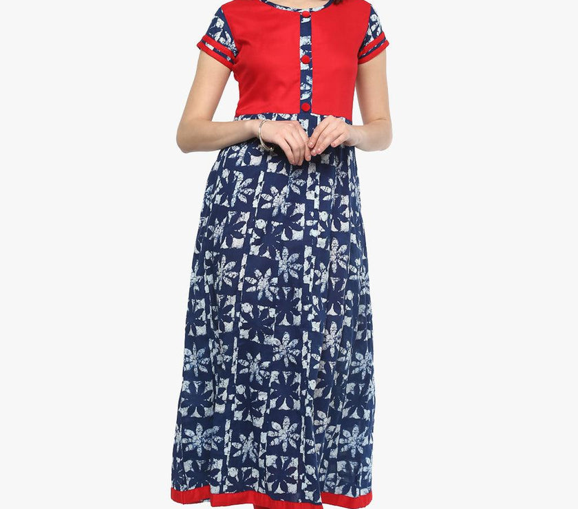 Divena Indigo Blue Printed Cotton Anarkali - divena world