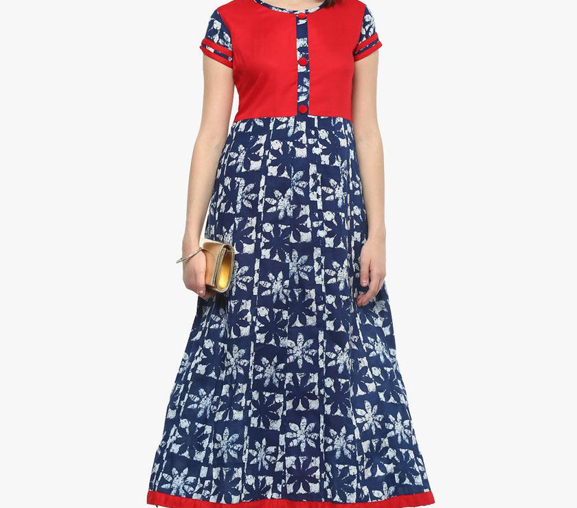 Divena Indigo Blue Printed Cotton Anarkali - divena world