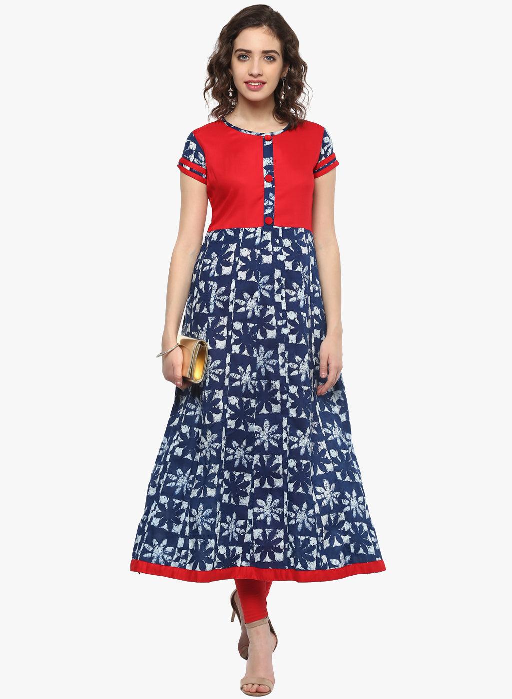 Divena Indigo Blue Printed Cotton Anarkali - divena world