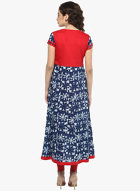 Divena Indigo Blue Printed Cotton Anarkali - divena world