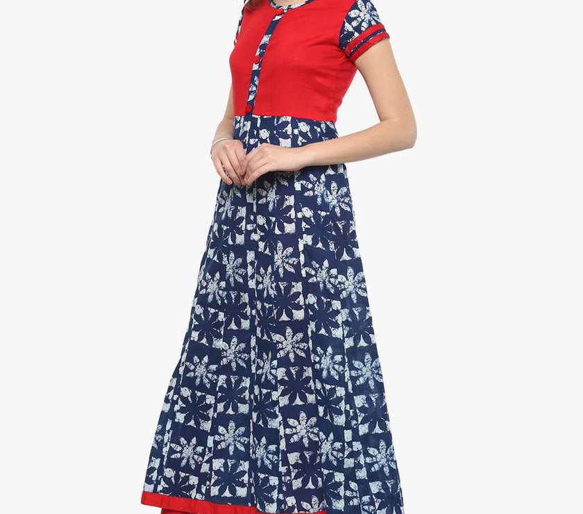 Divena Indigo Blue Printed Cotton Anarkali - divena world