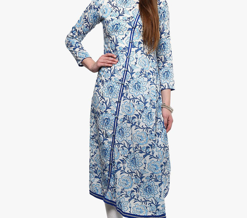 Divena Hand Block Blue And White Printed Angrakha Anarkali - divena world