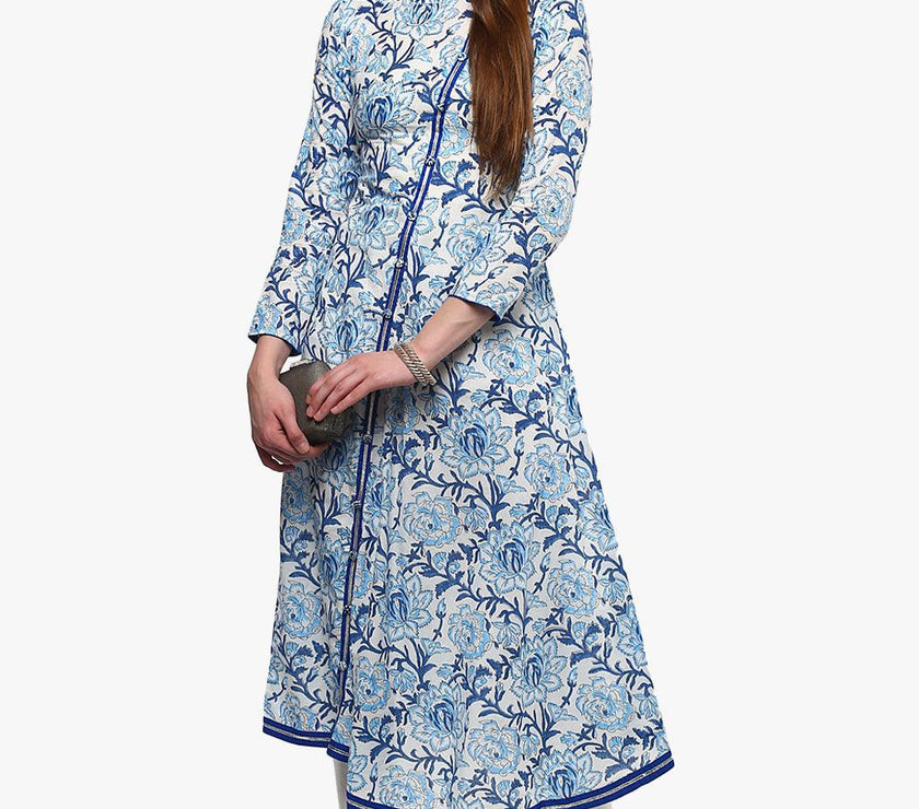 Divena Hand Block Blue And White Printed Angrakha Anarkali - divena world