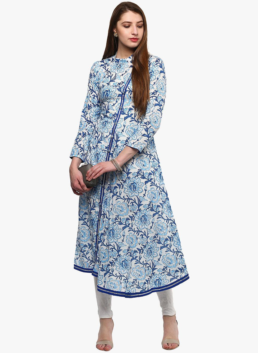 Divena Hand Block Blue And White Printed Angrakha Anarkali - divena world