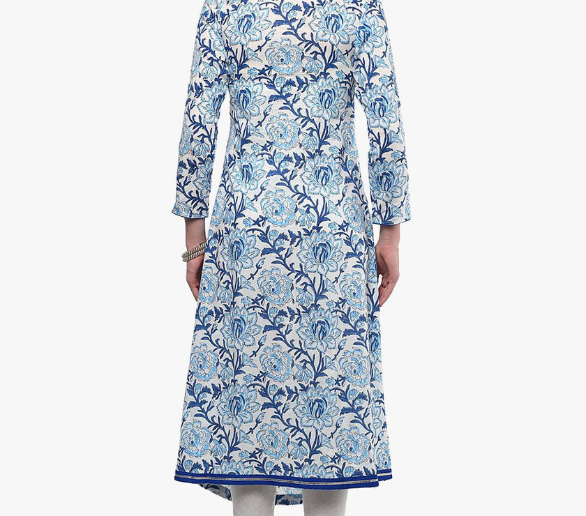 Divena Hand Block Blue And White Printed Angrakha Anarkali - divena world