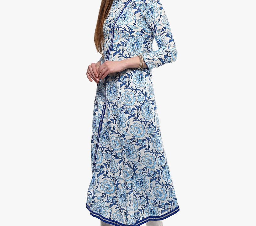 Divena Hand Block Blue And White Printed Angrakha Anarkali - divena world