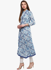 Divena Hand Block Blue And White Printed Angrakha Anarkali - divena world