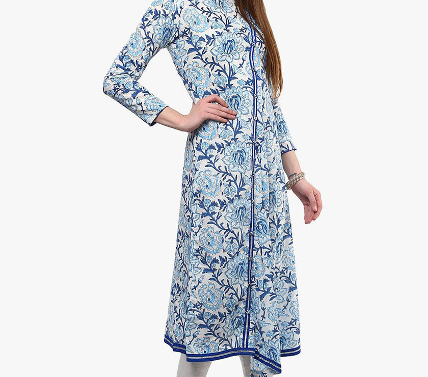 Divena Hand Block Blue And White Printed Angrakha Anarkali - divena world