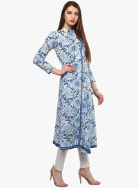 Divena Hand Block Blue And White Printed Angrakha Anarkali - divena world