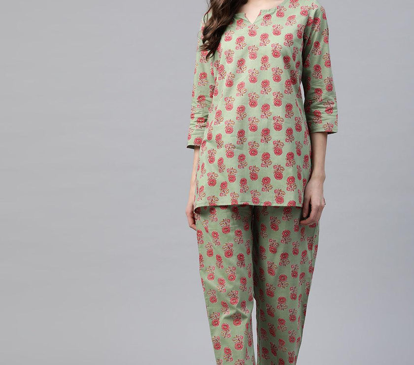 Divena Green Printed Loungewear /Nightwear - divena world