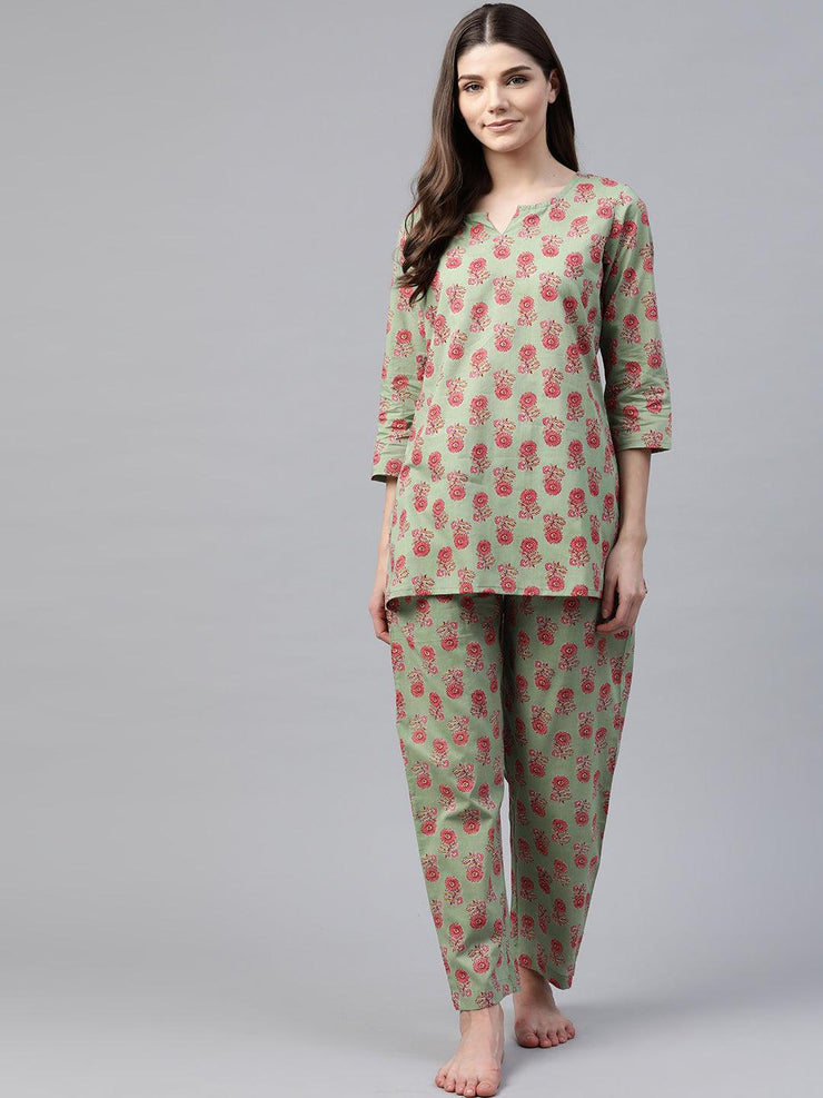 Divena Green Printed Loungewear /Nightwear - divena world