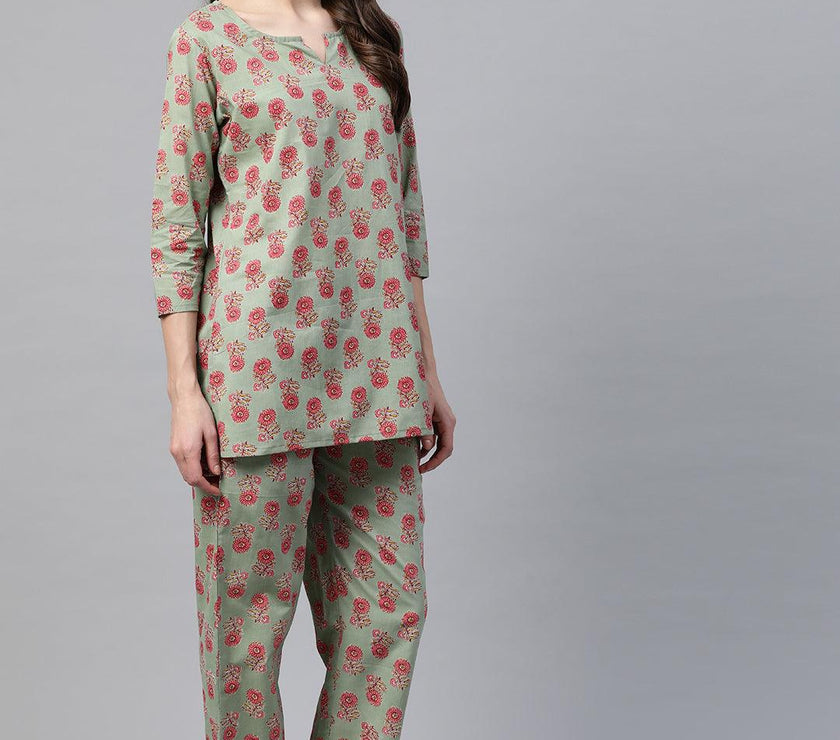 Divena Green Printed Loungewear /Nightwear - divena world