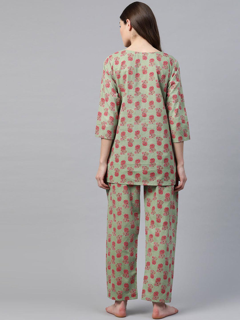 Divena Green Printed Loungewear /Nightwear - divena world