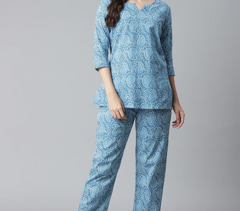 Divena Blue Printed Cotton Nightwear - divena world