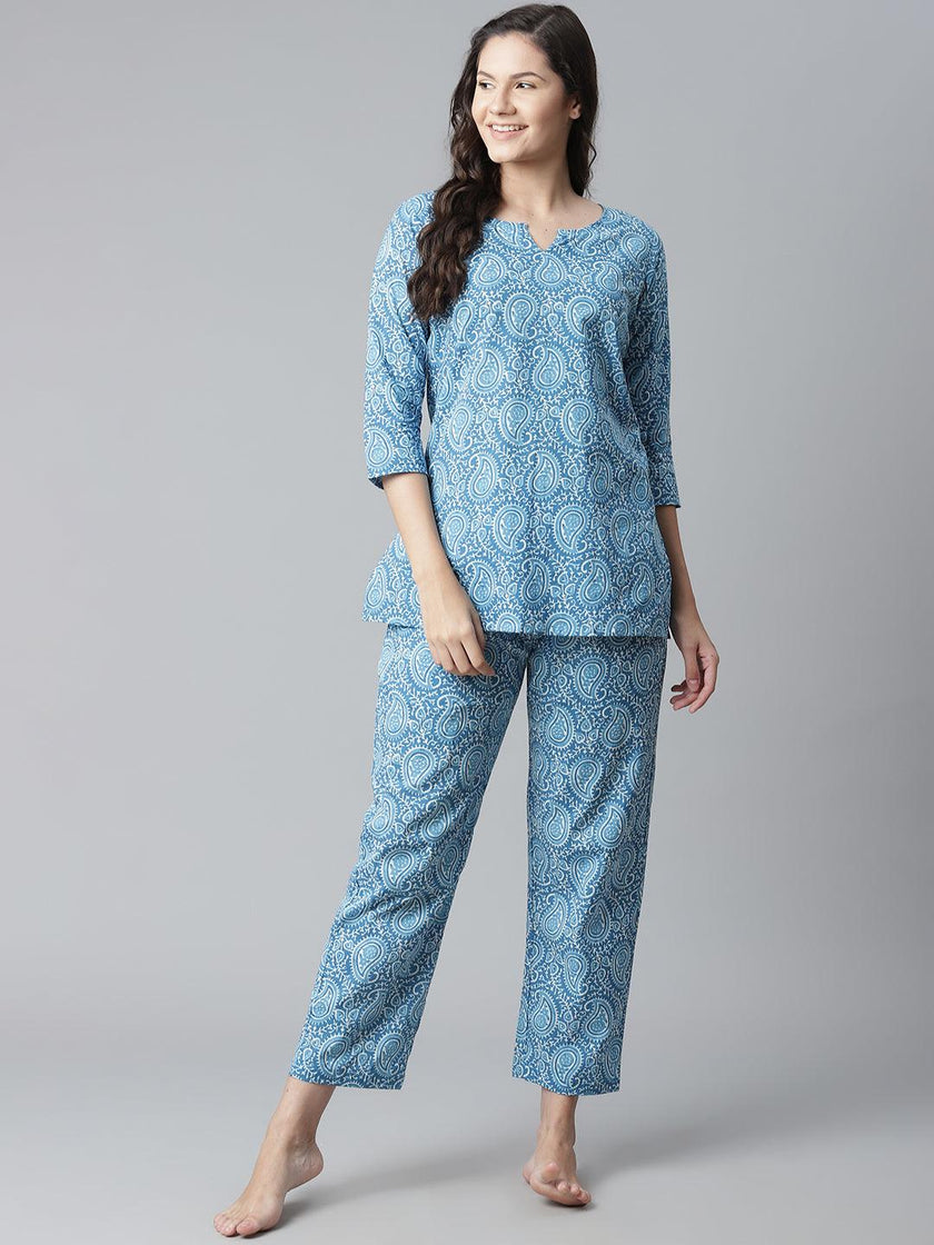 Divena Blue Printed Cotton Nightwear - divena world