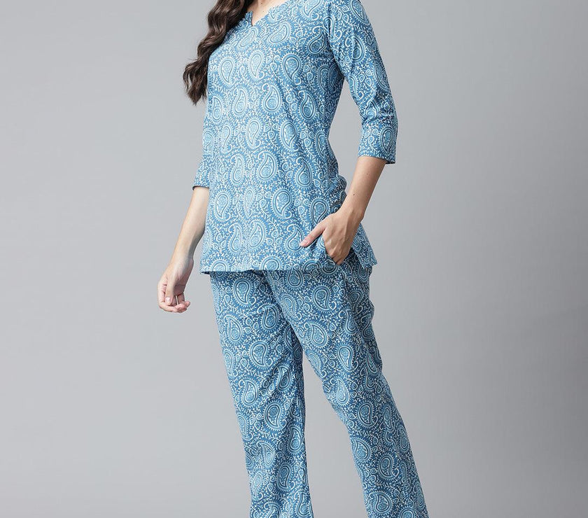 Divena Blue Printed Cotton Nightwear - divena world