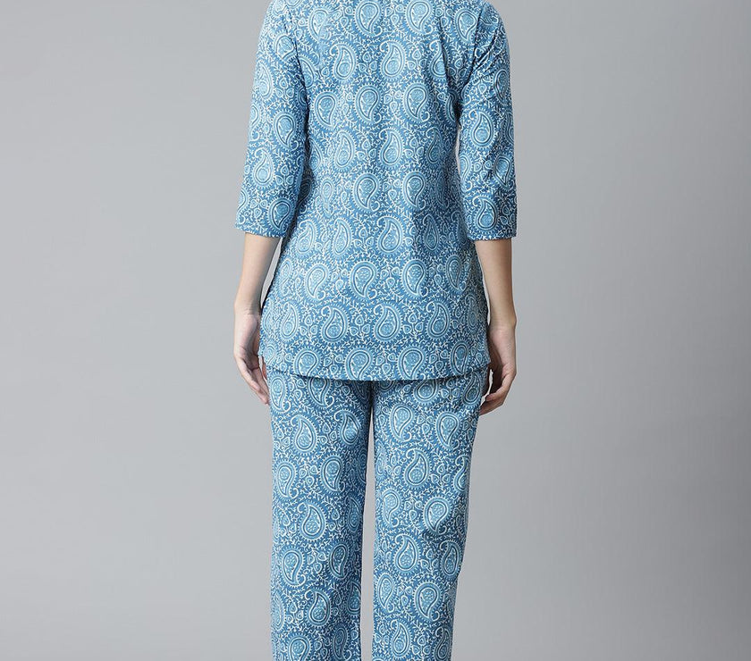 Divena Blue Printed Cotton Nightwear - divena world