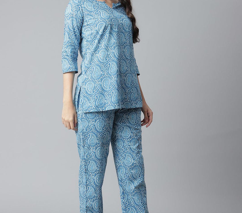 Divena Blue Printed Cotton Nightwear - divena world