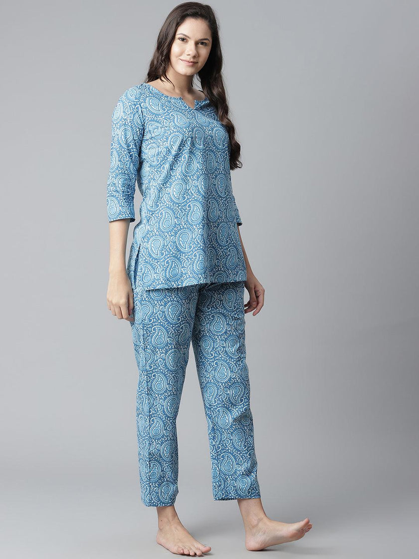 Divena Blue Printed Cotton Nightwear - divena world