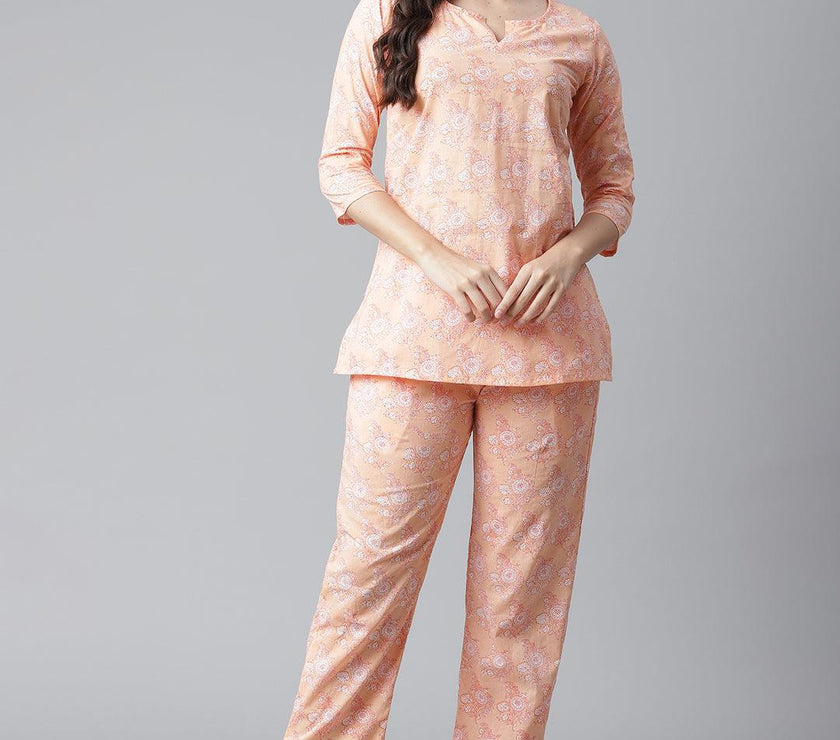 Divena Peach Printed Cotton Nightwear - divena world