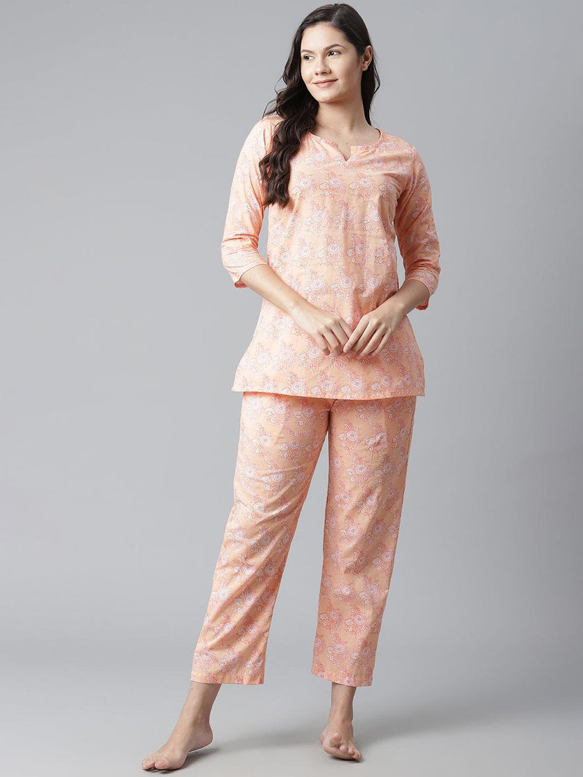 Divena Peach Printed Cotton Nightwear - divena world