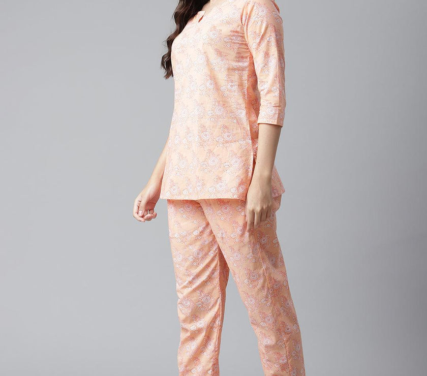 Divena Peach Printed Cotton Nightwear - divena world