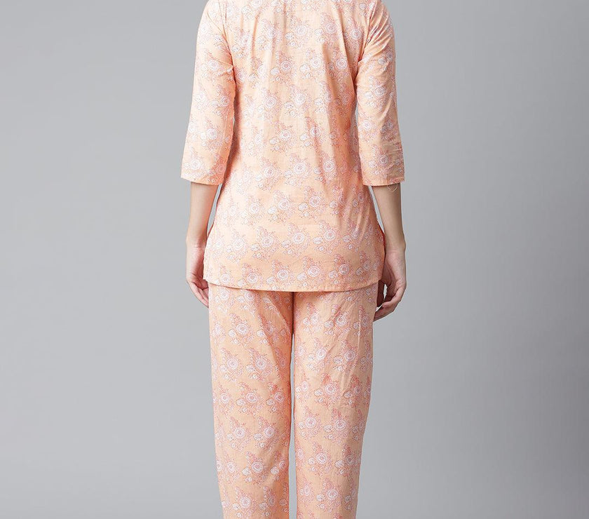 Divena Peach Printed Cotton Nightwear - divena world