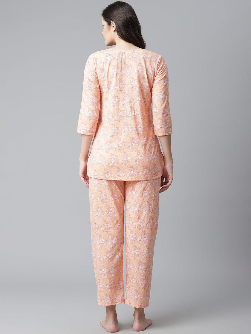 Divena Peach Printed Cotton Nightwear - divena world