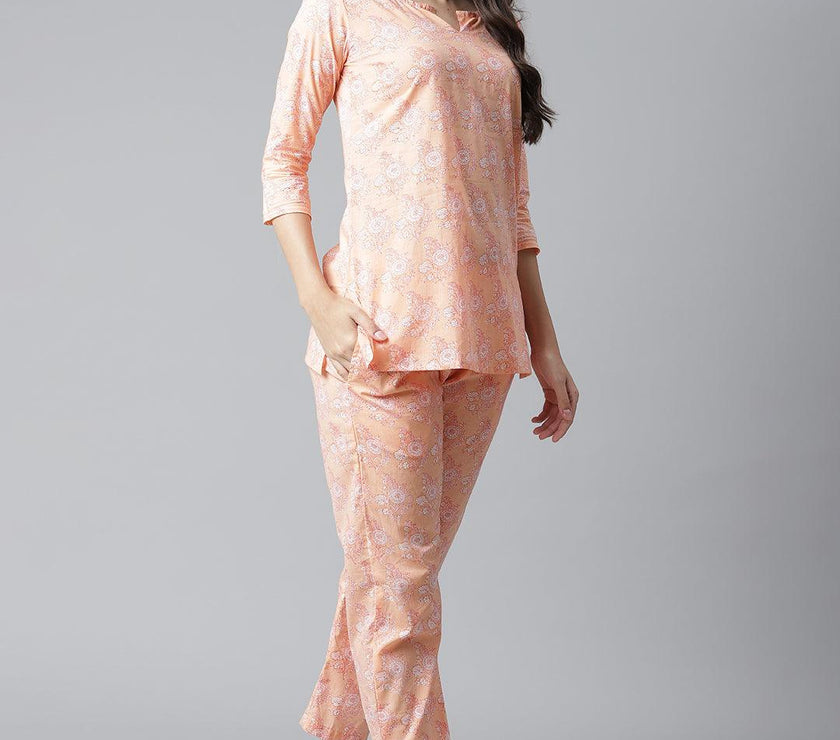 Divena Peach Printed Cotton Nightwear - divena world