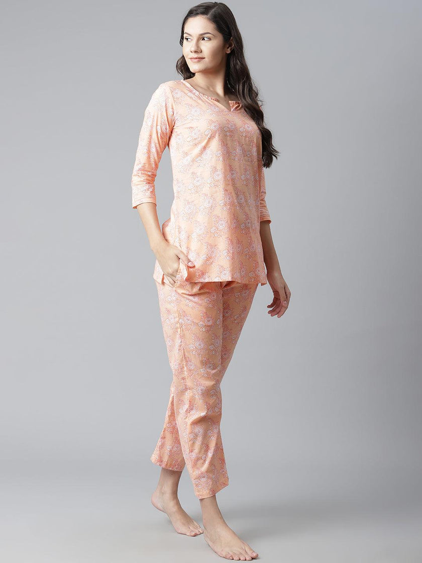 Divena Peach Printed Cotton Nightwear - divena world