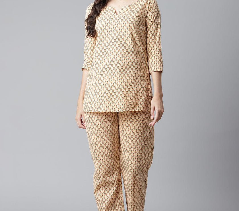 Divena Yellow Buti Print Cotton Nightwear - divena world