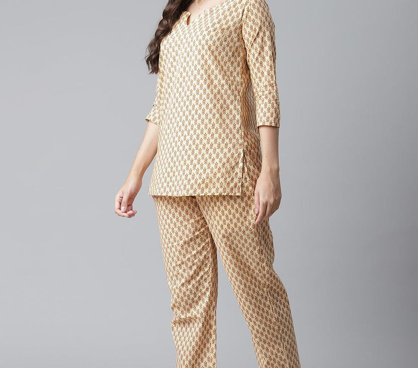 Divena Yellow Buti Print Cotton Nightwear - divena world