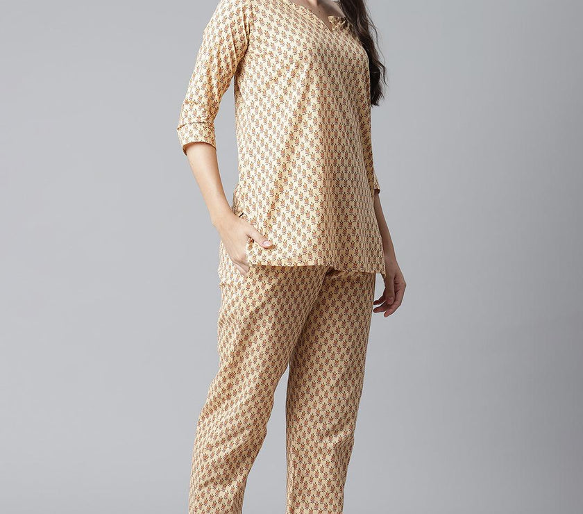 Divena Yellow Buti Print Cotton Nightwear - divena world