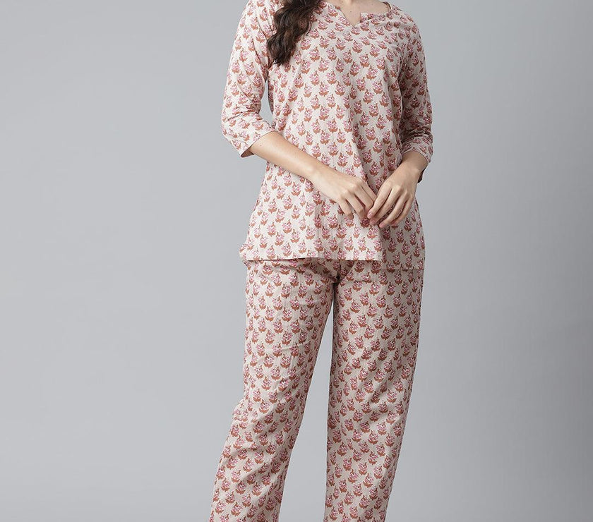 Divena Floral Pink Motif Cotton Nightsuit - divena world