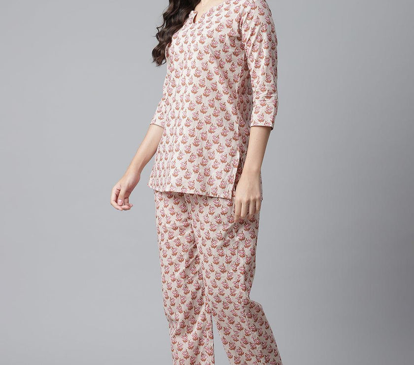 Divena Floral Pink Motif Cotton Nightsuit - divena world