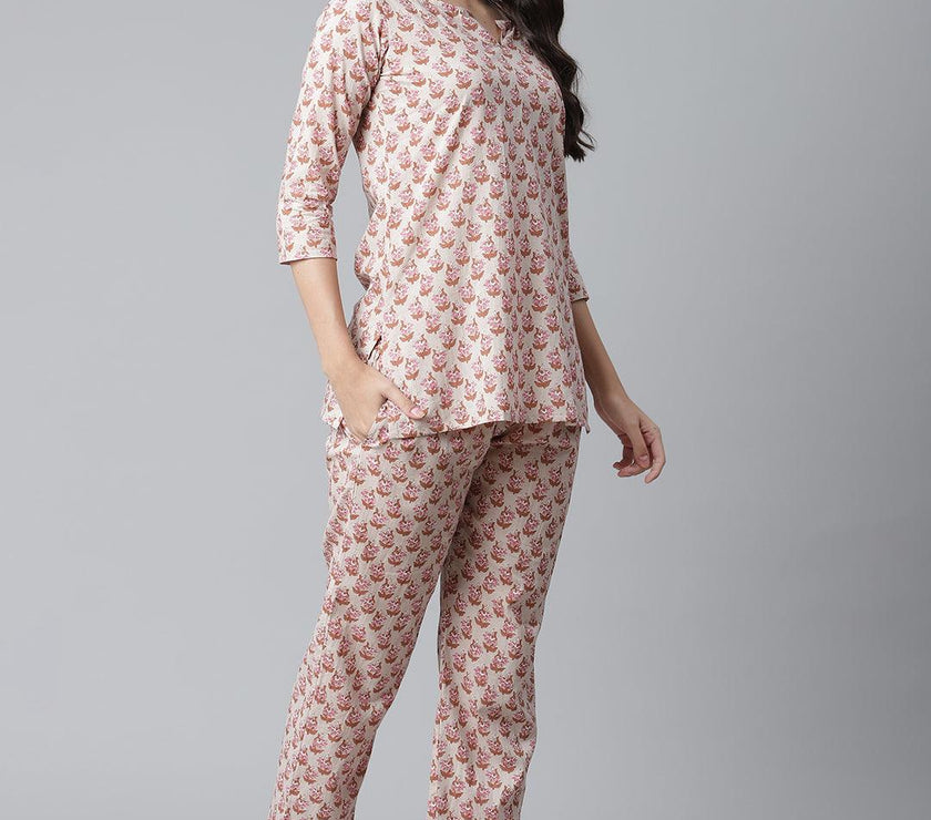 Divena Floral Pink Motif Cotton Nightsuit - divena world