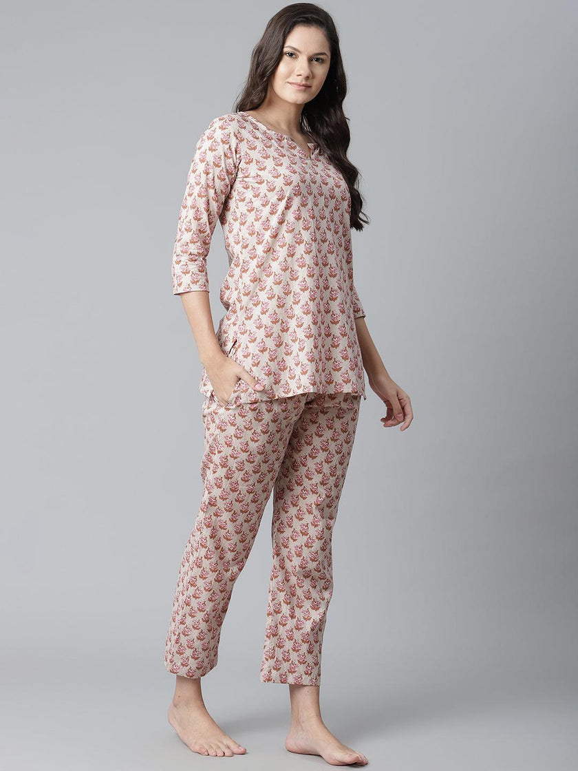 Divena Floral Pink Motif Cotton Nightsuit - divena world