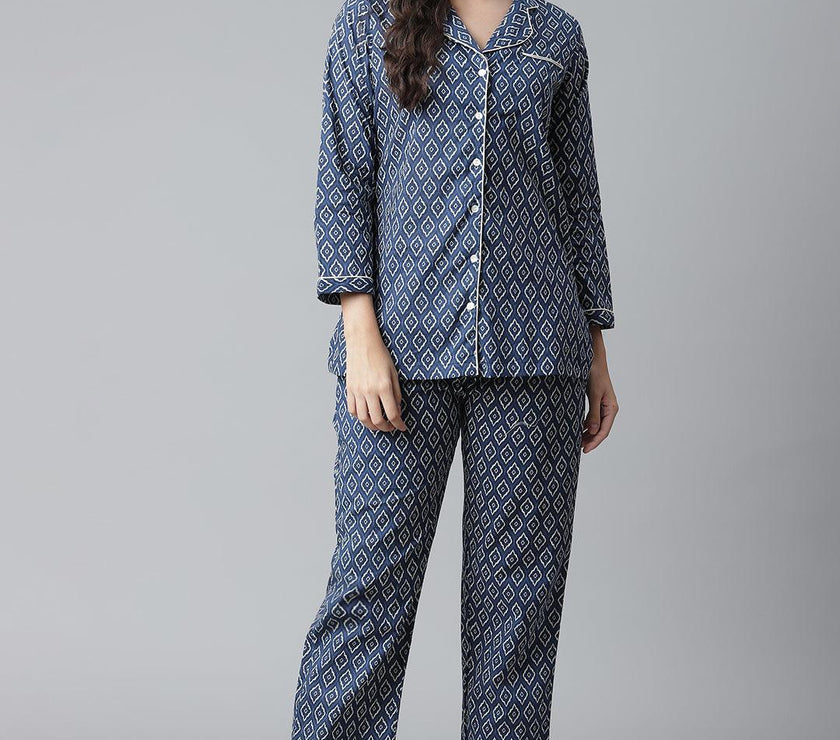 Divena Indigo Printed Cotton Nightsuit - divena world