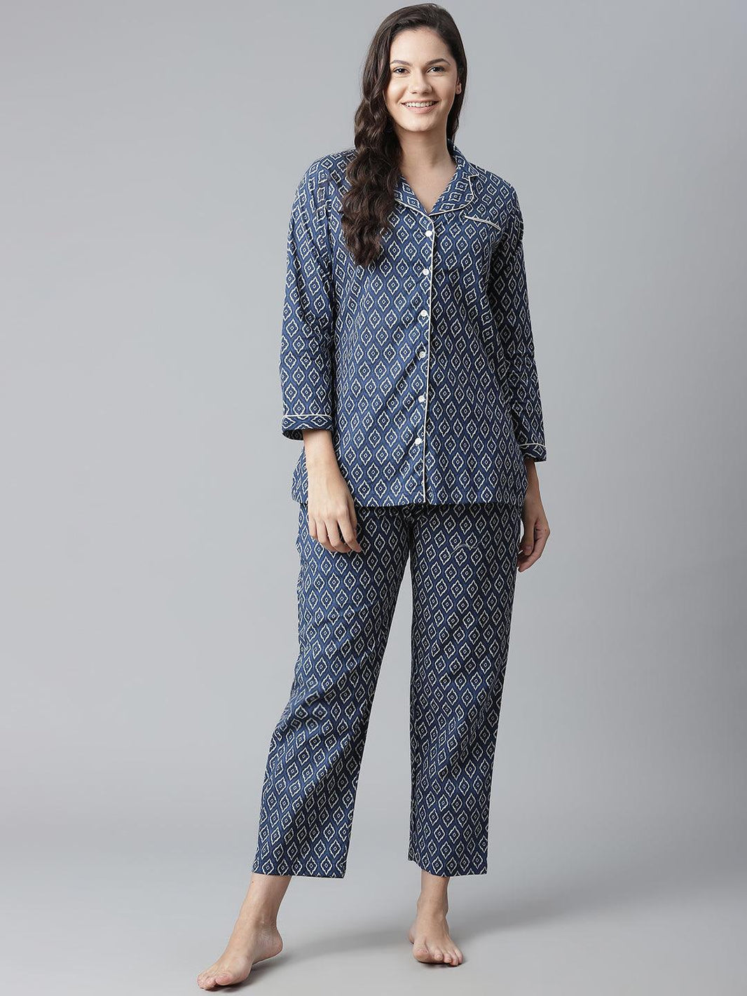 Divena Indigo Printed Cotton Nightsuit - divena world