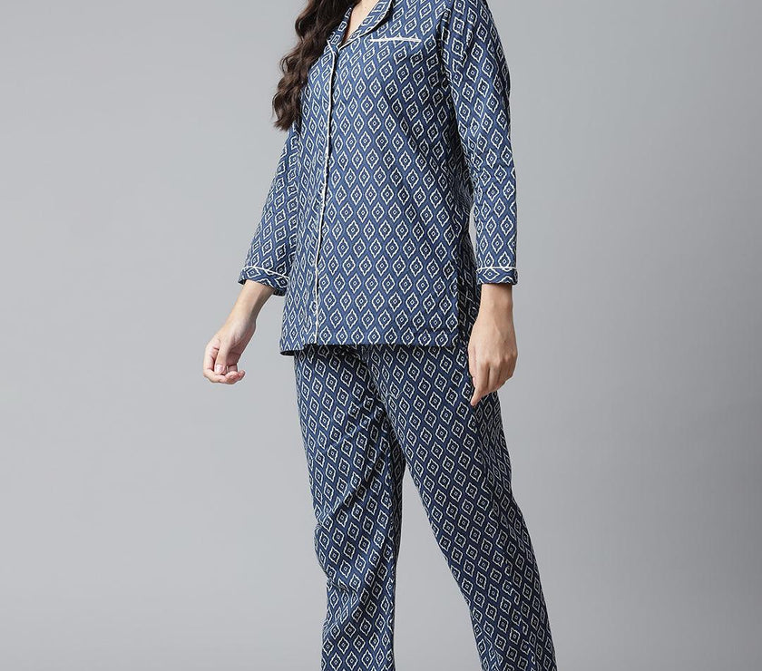 Divena Indigo Printed Cotton Nightsuit - divena world