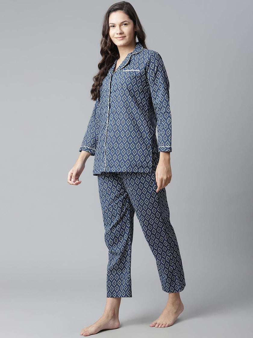 Divena Indigo Printed Cotton Nightsuit - divena world