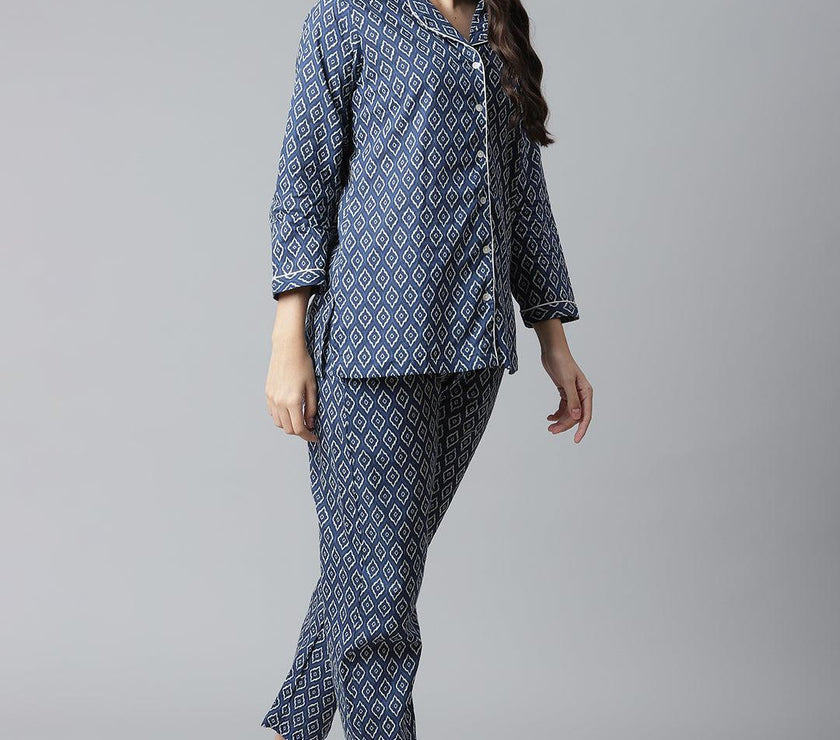 Divena Indigo Printed Cotton Nightsuit - divena world