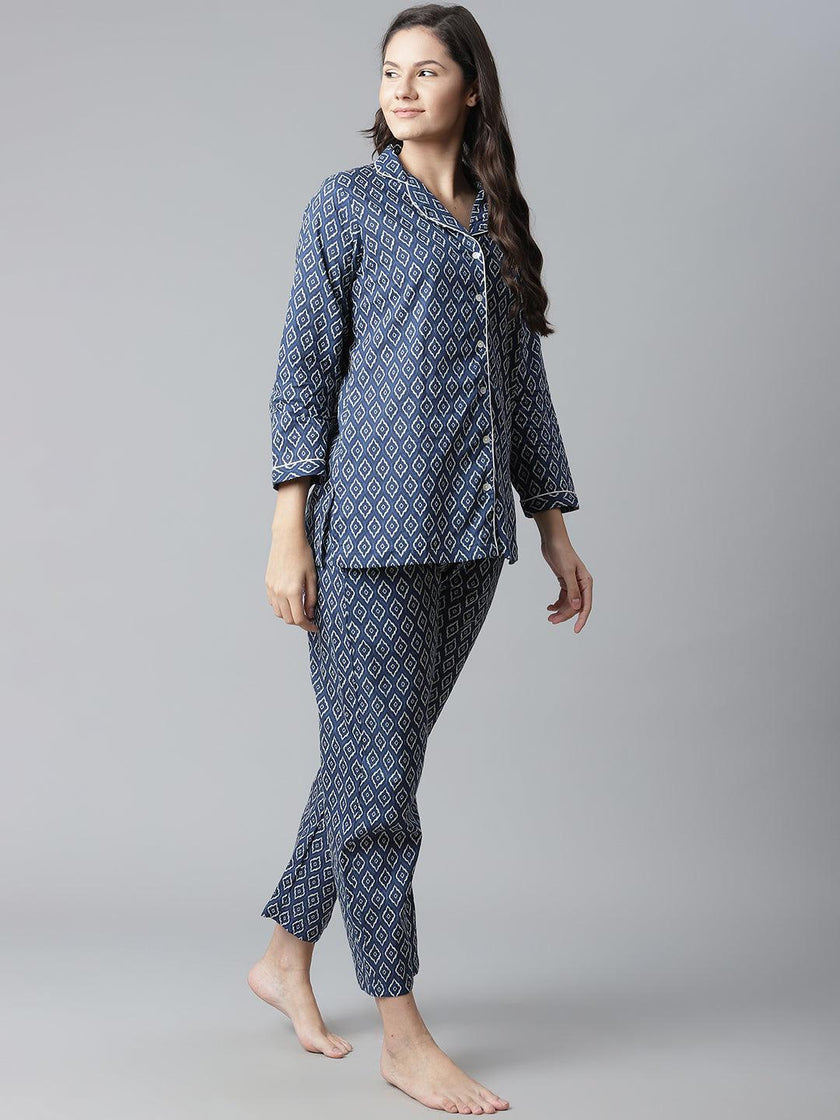 Divena Indigo Printed Cotton Nightsuit - divena world