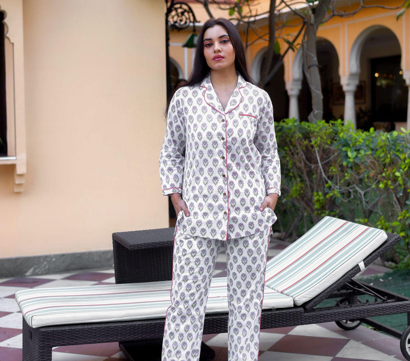 Divena White Printed Cotton Night Suit - divenaworld.com