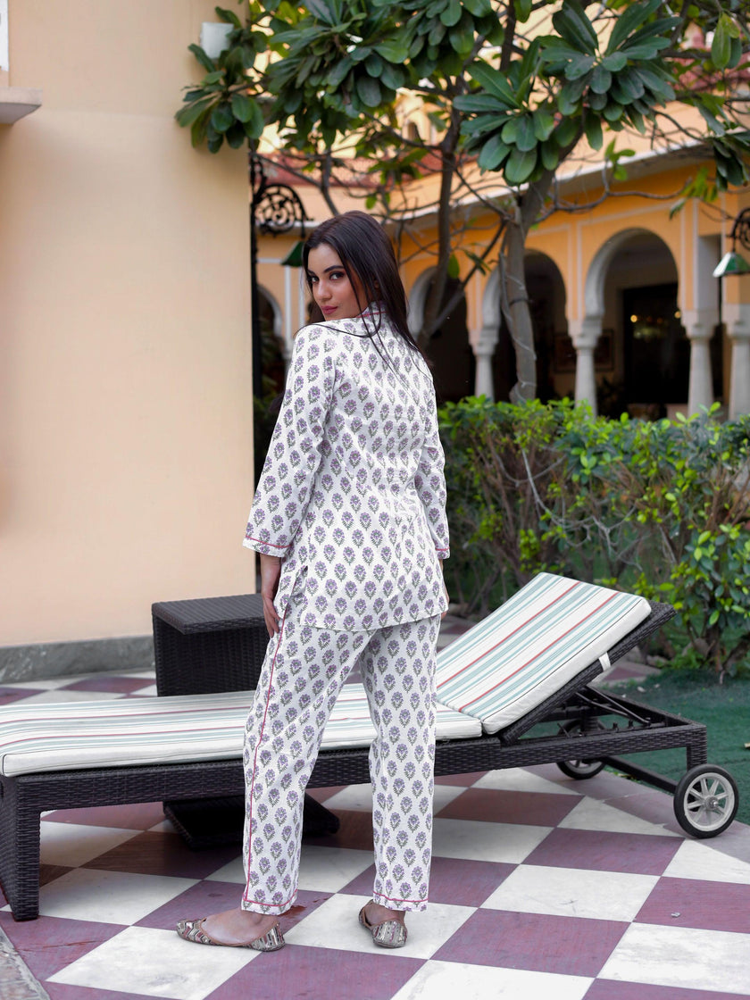 Divena White Printed Cotton Night Suit - divenaworld.com