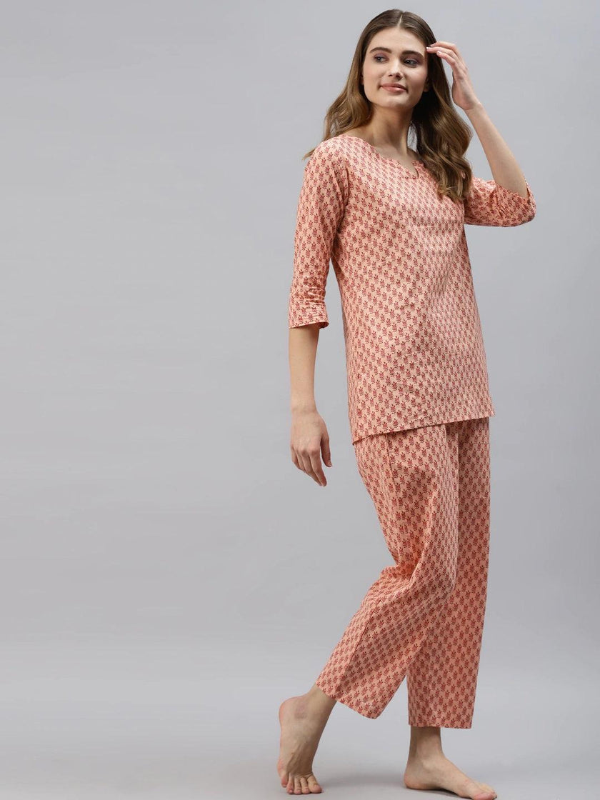 Divena Peach Floral Printed Night Suit - divena world